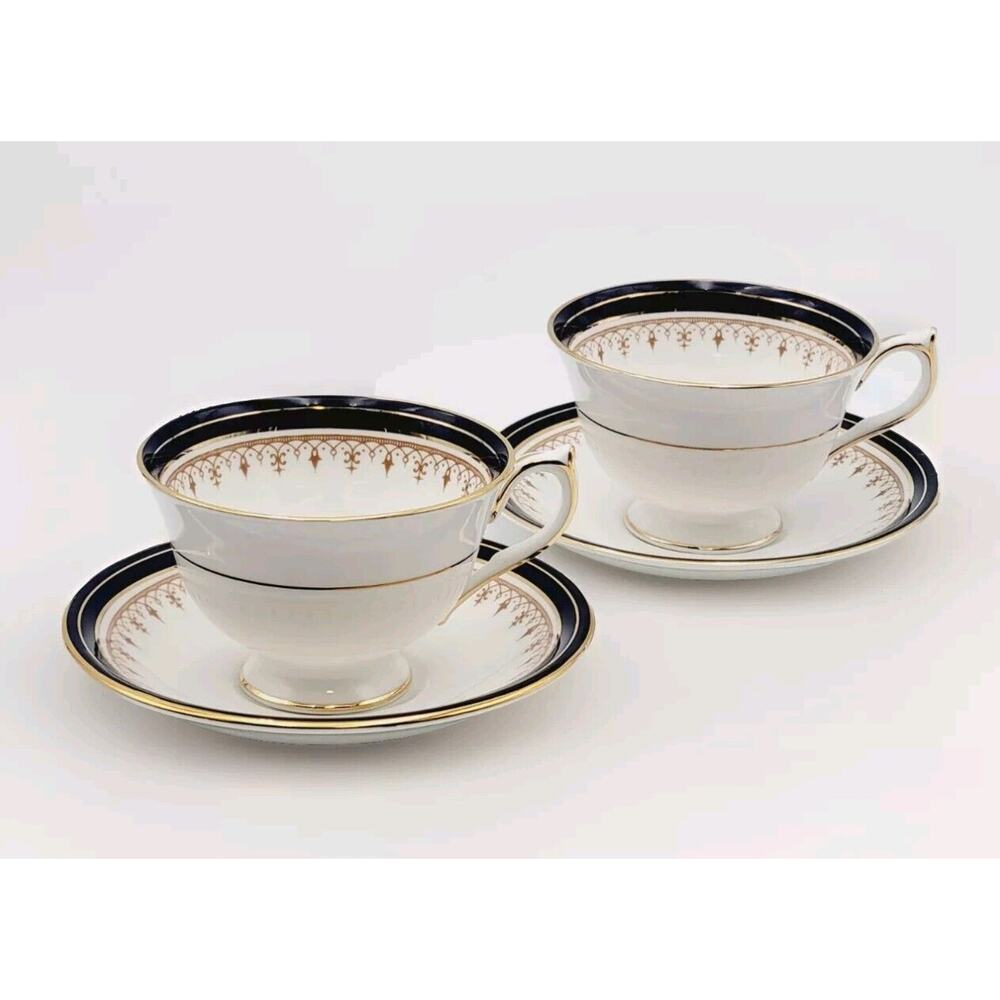 Set 2 Aynsley Leighton Cobalt Gold Footed Cup & Saucer English Bone China 1646